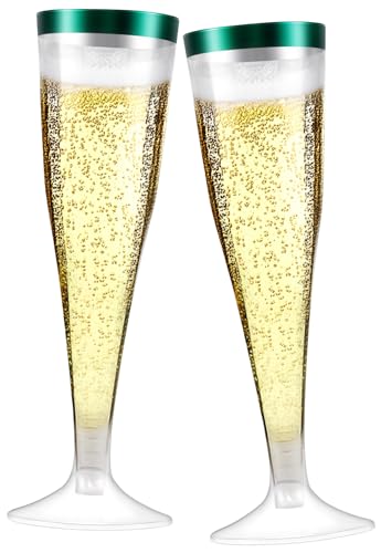 Enjamyo 100 Pack Plastic Champagne Flutes, 4.5 oz, Clear, Green