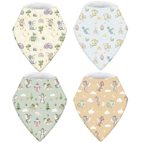 Image of VitalCozy 4 Pcs Watercolor Dragon Baby Bandana Bib Cotton Newborn Infant Feeding Drool Bib for Drooling and Teething Girl Boy