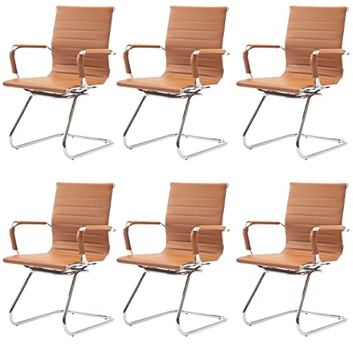 Image of HNY Leather Office Guest Chairs & Reception Chairs Set of 6, Modern Waiting Room Chairs with Arms, Desk Chair no Wheels with Sled Base for Waiting Room /Conference Room, Cognac