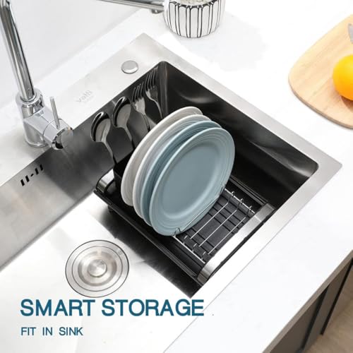 Image of HomeCloud Dish Drying Rack, Kitchen Counter Small Dish Drainers Rack Expandable(31cm to 47cm) in Sink Dish Drying Rack Auto-Drain Compact Stainless Steel Dish Strainers with Utensil Caddy (Black)