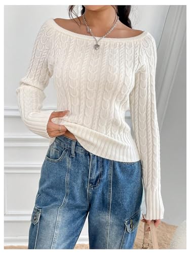 Image of MakeMeChic Women's Off The Shoulder Sweater Cable Knit Long Sleeve Ribbed Fall Going Out Tops Sweater Pullover