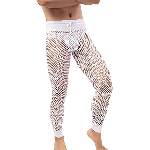QiaTi Men's mesh transparent muscle leggings, stretchy long trousers with drawstring, White, L Cover