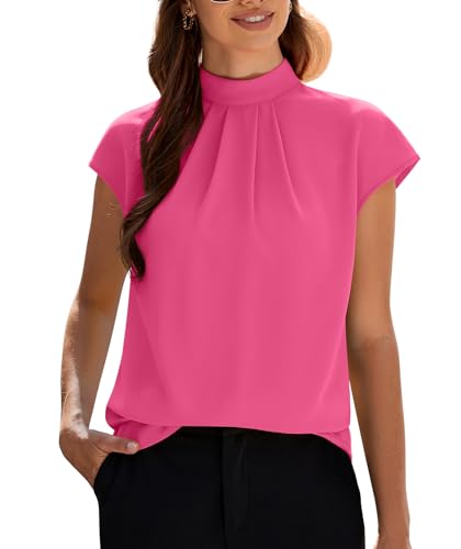 Image of Funlingo Womens Summer Tops Mock Neck Short Cap Sleeve Blouses Business Casual Work Chiffon Shirts Front Pleated Tunic Top