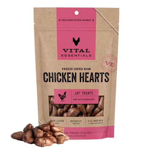 Vital Essentials Freeze Dried Raw Chicken Hearts Cat Treats | Single Ingredient | Premium Quality | Grain Free Healthy Treats for Cats 2.75 oz Bag