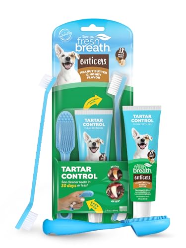 TropiClean Fresh Breath Oral Care Kit - Soft Bristle Finger Toothbrush - Dog Tooth Brushing Kit - Peanut Butter and Honey Flavor Dog Toothpaste