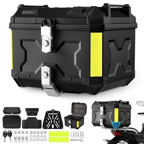 Bau Moto, BateiaPro Baú para Moto Universal, Bauleto 45 Litros de Plástico Impermeável com Estofamento, Encosto e Porta-copos,Faixas Refletoras de Segurança