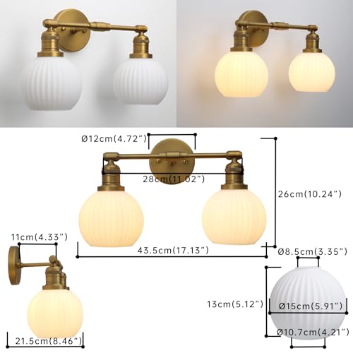 Image of Vintage 2-Lights Wall Sconce with Milk White Glass Globe Shade, Hardwired Indoor Double Arm Wall Light Fixture for Bathroom Vanity Living Room Bedroom