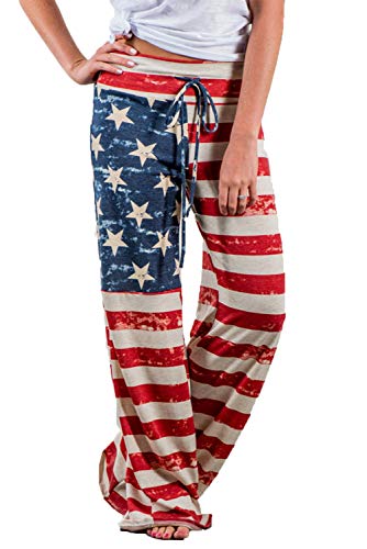 WFTBDREAM High Drawstring Waist Wide Lounge Pants Women Palazzo Lounge American Flag L