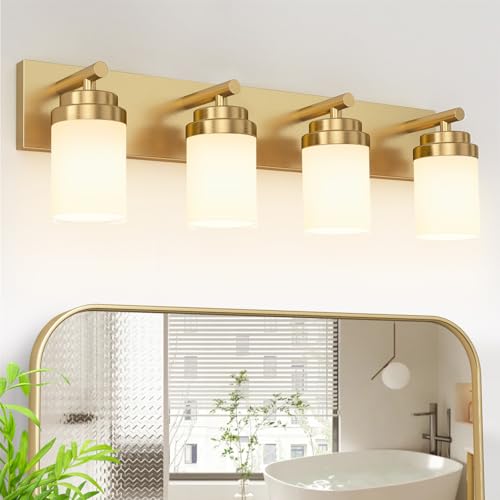 Image of IZORRO Bathroom Vanity Light Fixture, 4-Light 30 Inch Gold Bathroom Light Fixtures Over Mirror, with White Glass Shade, Modern Farmhouse Vanity Lights, Rustic Restroom Lighting Fixtures
