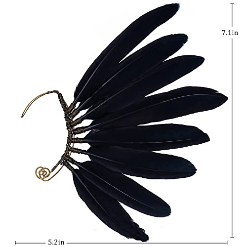 FRESHME Black Faux Feather Ear Cuffs - Indian Ethnic Plume Ear Clips Viking Tribal Earrings Bronze Wire Wrapped Fairy Elf Ear Cuffs Wraps Fantasy Jewelry for Unisex Cosplay Costume Dress Accessories3