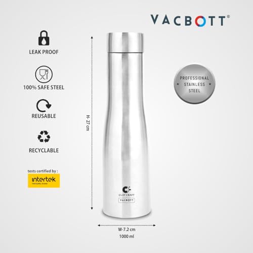 Image of Clay Craft Vacbott Petra Single Walled Non Insulated Water Bottle, 1000 ml - 1 Piece (Steel) Steel Water Bottles for School, Office, Home, Gym, Water Bottle for Men Leakproof, Rust Free Steel Bottle