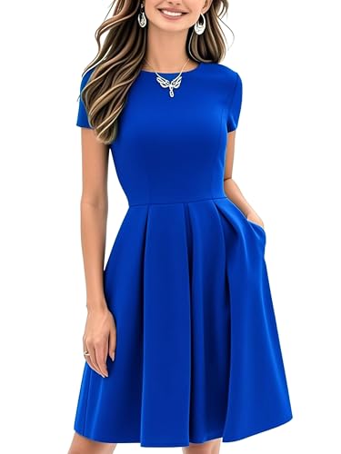 oxiuly Women's Vintage Half Sleeve O-Neck Contrast Casual Pockets Party Swing Dress OX253