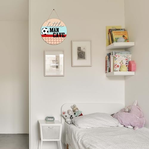 Image of Little Man Cave Sign for Boys, Baby Boy Nursery Decor, Football Wall Decor for Toddler Kids Room, 10x10 Inch Wooden Round Door Hanger-D06