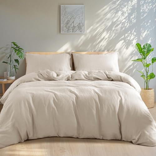 Shilucheng 100% Linen Queen Duvet Cover Set, Luxury Natural French Flax Linen Duvet Cover with Zipper Closure & Corner Ties, 3 Piece (Queen, Linen)