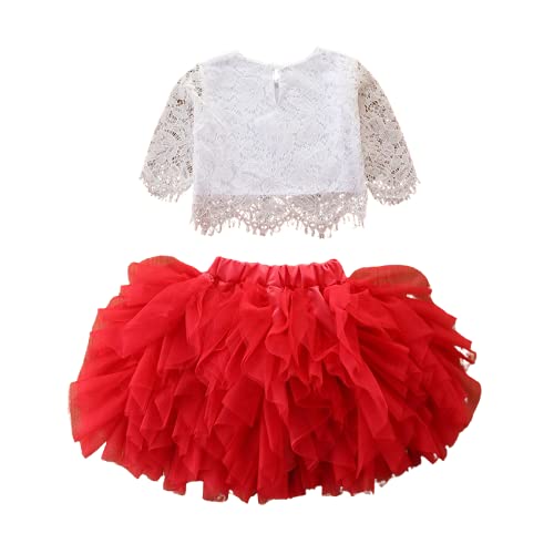 Googogaaga Girls Polycotton Lace Detailed Top With Skirt In Red Color