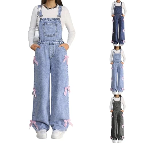 Jean Overalls,Girls Romper Denim Overalls Bow Cute Jeans Baggy Wide Leg Fashion Jumpsuits Kids Bib Overall With Pockets 10-12 01 Sky Blue 160