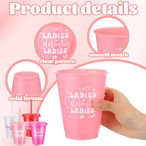 Yungyan 16 Pcs Galentine's Day Cups with Straw and Lid 16 oz Reusable Plastic Valentine's Day Hearts Cups Pink and Red Tumblers Gifts for Women Girlfriends Galentines Party Supplies Decorations by Yungyan - Image 3
