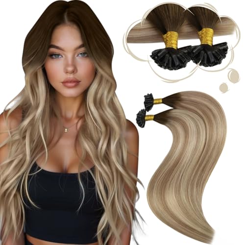 Image of Moresoo U Tip Hair Extensions, Ash Brown Dirty Blonde Ombre, 18 Inch | 50g 50 strands, keratin bonded tips for stylist application, buildable length and volume for parties and events