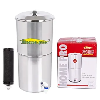 Home-Pro - Gravity Water Filter and Purifier | 21 Liters Total Capacity (11L Bottom & 10L Top) Made with Stainless Steel |Includes 1 Silver Activated Carbon Candle and Food Grade Plastic Tape