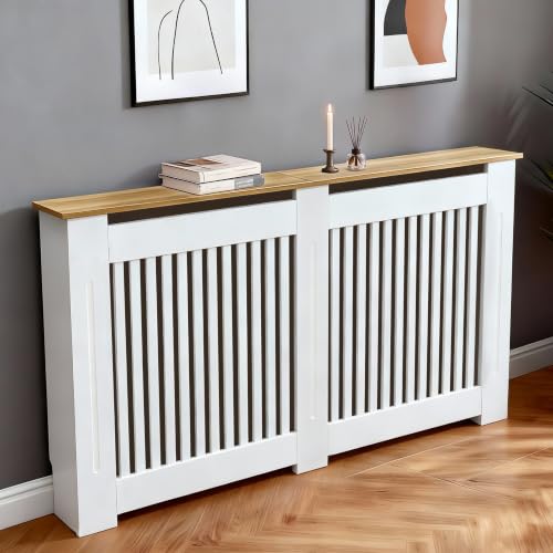 FATIVO Cache Radiateur en Bois Blanc Couverture Moderne avec Lattes et Étagère Supérieure Armoire Design pour Salon Chambre Bureau - 145x18x90.5cm