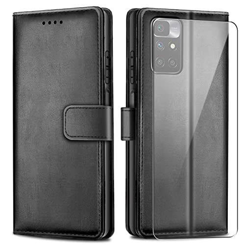 Coque pour Xiaomi Redmi 10 2022/2021, Noir PU Cuir de Flip Portefeuille Supporter à Rabat Protection Housse pour Xiaomi Redmi 10 4G (6,5 Pouces) avec Un Verre Trempé écran Protecteur Cover