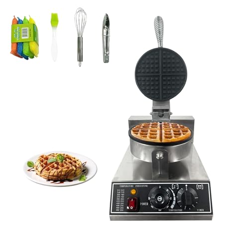 Commercial Waffle Maker, 1200w, 110v Round Waffle Iron, Non-Stick Stainless Steel Waffle Baker Machine with 122-572℉ Adjustable Temperature and Time