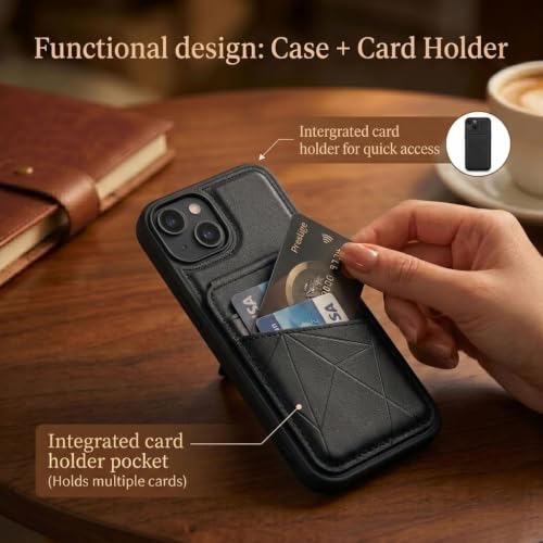 Image of amazon basics Premium Vegan Leather Back Cover with Card Holder and Integrated Mobile Stand for iPhone 13 - Slim Shockproof Wallet Case with Geometric Stitching [Black]