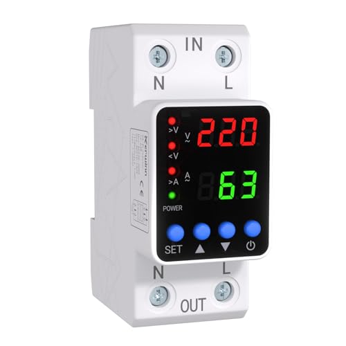 KERWINN Adjustable Voltage Protector 110V/220V 80210V Undervoltage 130300V Overvoltage Overcurrent Protection 163A Adjustable Smart Circuit Breaker AC DIN Rail Voltage Stabilizer(White)