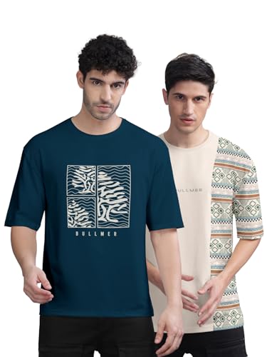 Image of BULLMER Trendy Front and Back Printed Oversized Round Neck T-Shirt for Men - Pack of 2
