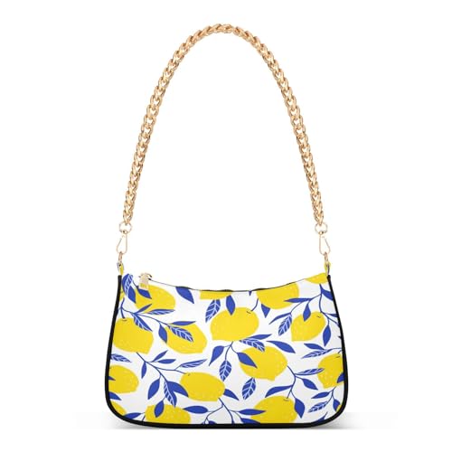 Image of Shoulder Bags for Women Vintage Yellow Lemon Fruit and Blue Print Hobo Tote Handbag Small Clutch Purse with Zipper Closure