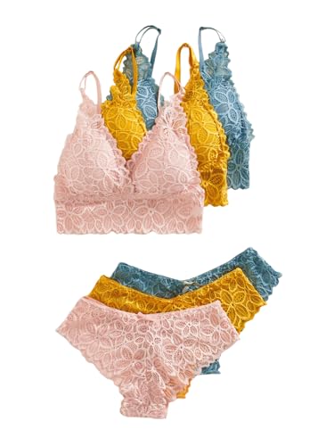 Image of Verdusa Women's Lingerie Sets 6 Piece Lace Bow Floral Underwear Bras Wireless Padded Bra and Panty Set