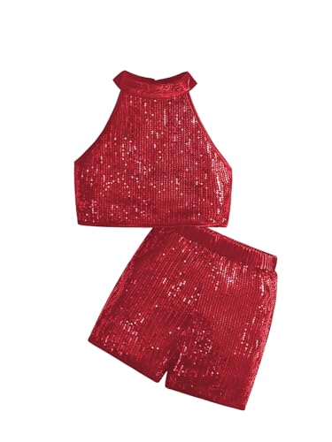 Image of OYOANGLE Girl's 2 Piece Outfit Sequin Sparkle Halter Neck Tank Top and Shorts Set