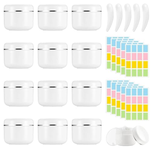 Dwitkul 12 Piezas Tarros de Plástico 50ml Contenedores Cosmético de Viaje Botes Pequeños Envases Vacíos de Crema con Espátula y Etiqueta para Loción, Gel, Pasta, Perlas (Blanco)