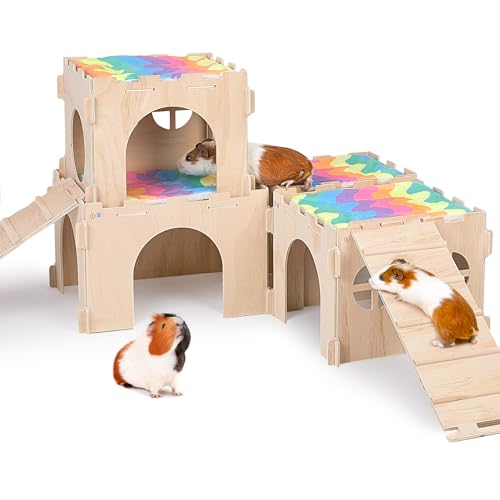 BeBeJoJo Wooden Guinea Pig House 105x25x20cm, Pet Animal Hide Hideout with Ramp Detachable Animal House with Multiple Doors and Windows,4 Houses