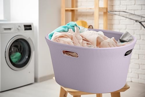 Image of Superio Ribbed Collection - Decorative Plastic Laundry Basket with Cut-Out Handles, Lilac Purple (1 Pack) Hamper Organzier for Bedroom Bathroom College Dorm Room 35 Liter