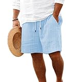 Light Blue L Mens Linen Shorts Flat Front Casual Elastic Waist Drawstring Summer Beach Vacation Shorts with Pocket(9Inch)