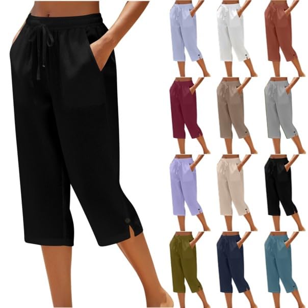 Leinenhose Damen Sommer 3/4,Stretch Gerade Geschnitten Yogahose High Waist Caprihose Baumwolle Leinen Stoffhose Freizeithose Laufhose Locker Sweathose Luftig Strandhose mit Kordelzug und Taschen