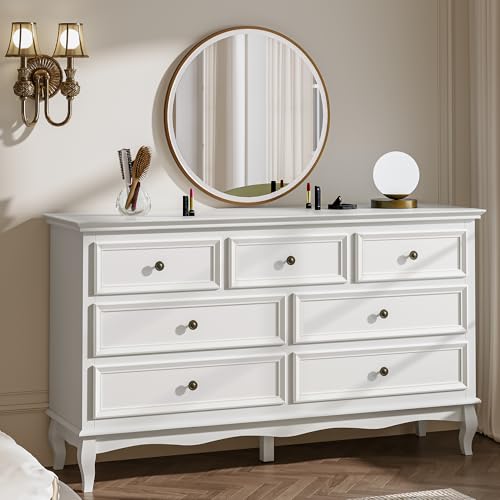RoyalCraft White 7 Drawer Dresser for Bedroom, Modern Chest of Drawers with Solid Wood Legs and Painted Finish, Wooden Storage Closet Cabinet Organizer for Living Room, Hallway