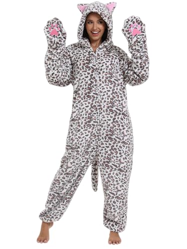 DKRUW Adult Onesie Pajamas Animal One Piece White Leopard Cat Costume Halloween Cosplay for Women Men (White Leopard Cat X-Small)
