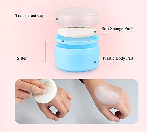Puderquaste aus Kunststoff, leer, tragbarer Behälter mit Sieb und Flusenquaste für Zuhause und Reisen, Blau, 1 Stück
