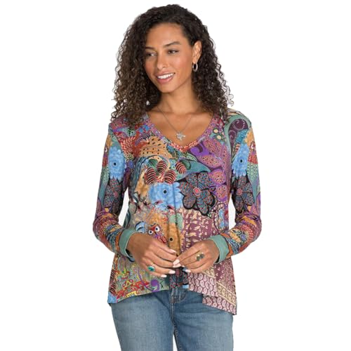 Johnny Was Madison Favorite V Neck Swing Tee Floral Purple Special Shirt Top New