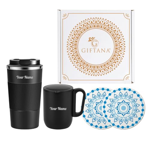 Image of Giftana 3 in 1 Personalized Tumbler with Coffee Mug 180ml & 2 Coasters - Customized Gift Set for Men & Women, Ideal for Husband, Father, Corporate Gifts for Employee (Black)