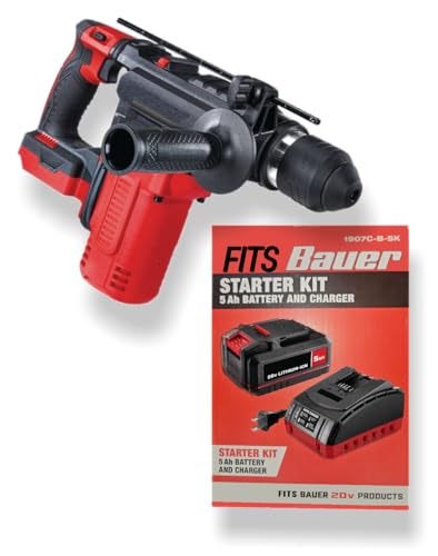 NEW! Fits BAUER 20V Brushless Cordless L-Shape 1-1/8 in. SDS-PLUS Type Rotary Hammer with 5Ah Battery & Charger- 2 Mode: Rotary Hammer or Hammer-Only, 4800 BPM, LED Work Light, ETL Certified