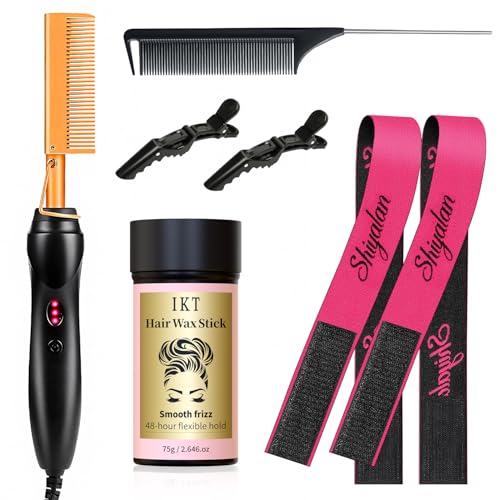 Hot Comb Set 7Pcs, Electric Hair Straightener Pressing Comb for Black Hair, Hot Comb Set with Wig Wax Stick, Lace Band, Rat Tail Comb ＆Salon Clips