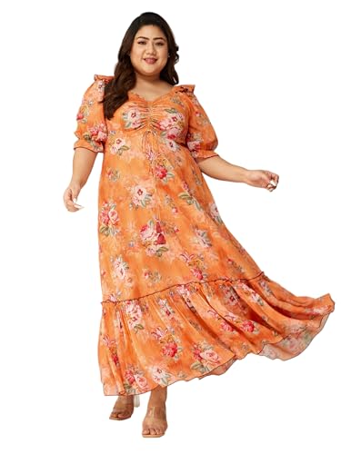 Image of Miss Chase A+ Women's Floral Wrap Chiffon Maxi Dress with Flutter Sleeves Frilled Hem