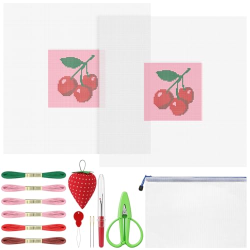 XunYee 15 Pcs Cherries 18 Mesh Needlepoint Canvas Kit Hand Painted Canvas Craft Set for Beginner Adult 2 Pcs Cherries Pattern Embroidery Cloth 7.8 Inch Needle Threader Pincushion Scissor Seam Ripper