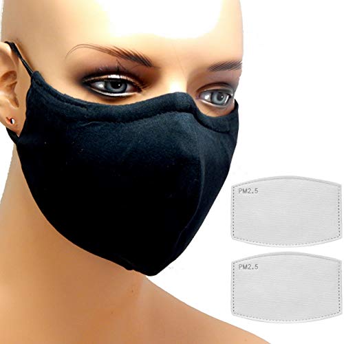 Set of Size X-Large XL Anti Air Dust Cover Unisex Mouth Cover Cotton Washable Reusable Fabric triple Layers 3-D shape, nose wire, filter pocket + 2 Carbon Filters for Men and Women (Black)