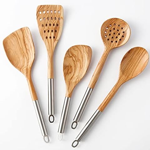 Olive Wooden Spoons for Cooking, NAYAHOSE 5 Pcs Cooking Utensils Set with Stainless Steel Handle, Heat-Resistant Olive Wood Spatulas for Non-Stick Pan Cover