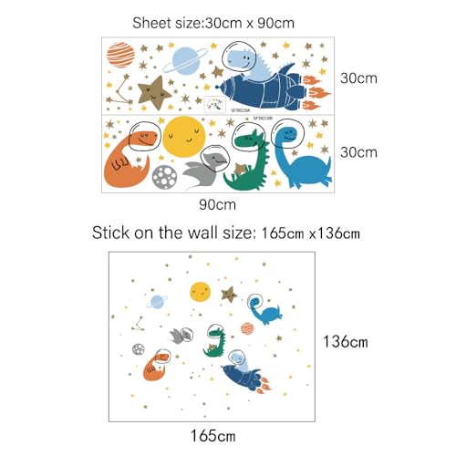 Image of Space Dinosaur Wall Stickers for Kids - Large Peel and Stick Decals (165x136cm) - Astronaut Dino & Planet Galaxy Theme - Nursery & Bedroom Decor