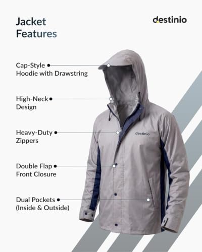 Image of Destinio Rain Coat for Men Waterproof with Hood, Thick Polyester, Leak Proof, Premium Zipper, Raincoat for Bike Riding, Double Layer Rain Suit for Riders, Rainwear Set